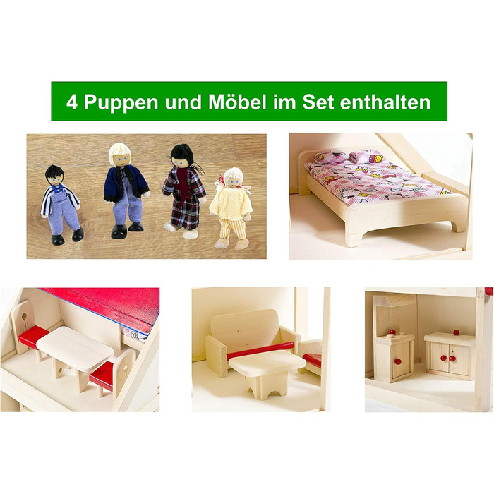 Дерев&39яний ляльковий будиночок Іззі з 2 поверхами, 4 ляльками та 9 предметами меблів Ручка для перенесення (Дитячий ляльковий будиночок з 2 поверхами, меблями та аксесуарами) - (38 x 27 x 39 см) 2-поверховий ляльковий будиночок