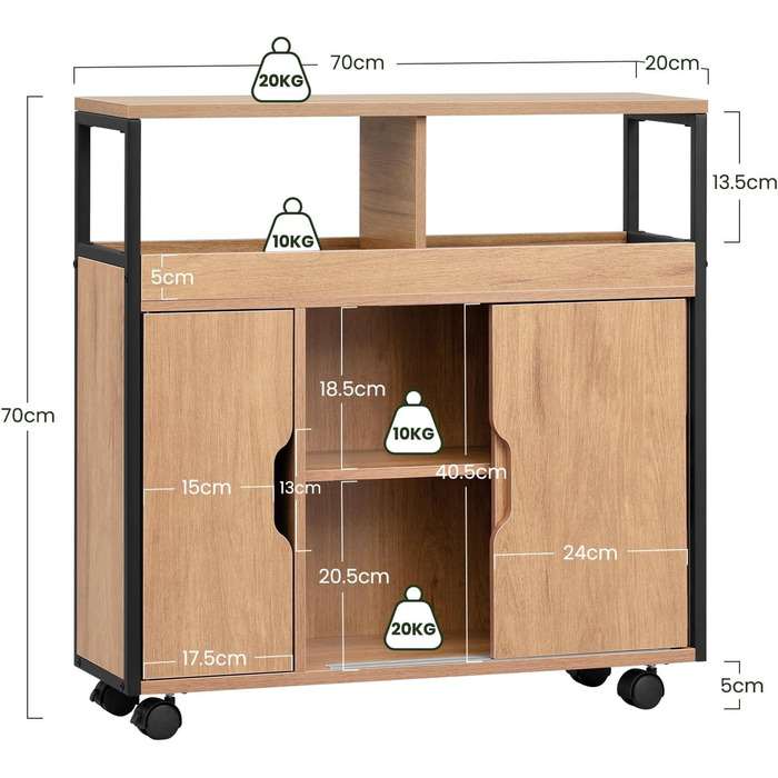 Шафка для ванної кімнати EUGAD, вузька нішева шафка, шафка для ванної кімнати з 2 відкритими відділеннями, регульована полиця, розсувні дверцята, нішева полиця з колесами, 70x70x20 см, чорний світлий дуб E1-MDF метал 70x20x70 см