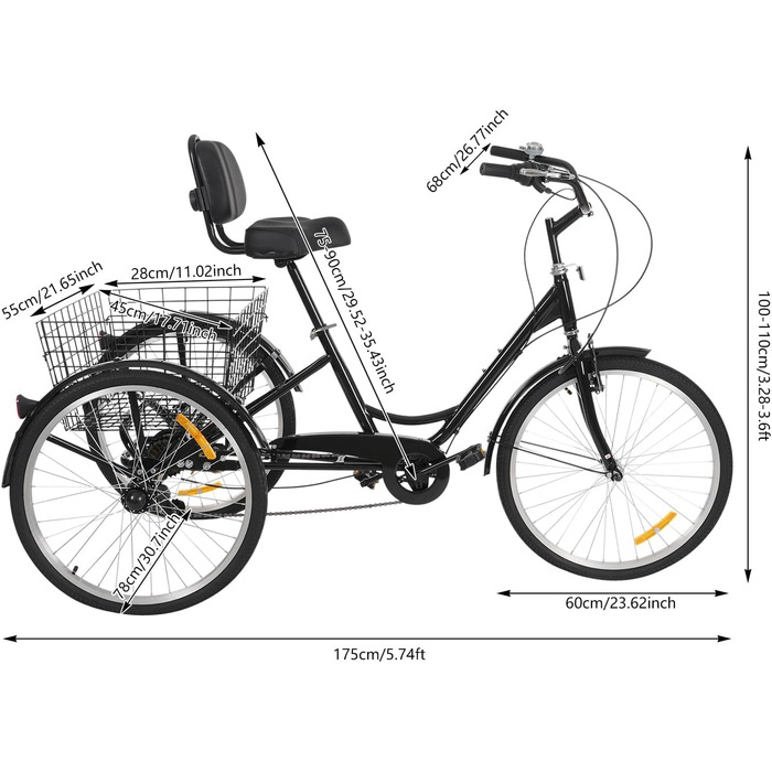 Дюймовий триколісний велосипед для дорослих, 7-швидкісний 3-колісний триколісний велосипед для покупок з кошиком, регульованим сидінням, міський велосипед, велосипед для відпочинку, триколісний велосипед для покупок для старших (чорний), 24-