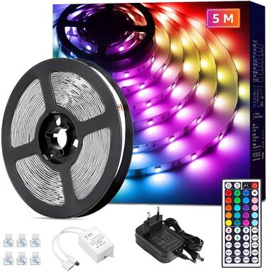 Набір світлодіодних стрічок Lepro 5M RGB, 5050 SMD 150 світлодіодних стрічок, 12 В, світлодіодна стрічка самоклеюча, гнучка світлодіодна стрічка, світлодіодні струнні ліхтарі IP20, барвиста світлодіодна стрічка з регулюванням яскравості, блок живлення та 