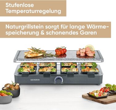 Гриль SEVERIN raclette party з натуральним каменем гриль, раклет з кам'яною пластиною для гриля та 8 сковородами з антипригарним покриттям, настільний гриль на 8 осіб, макс. 1300 Вт, чорний, поворотний регулятор RG 2372 з індикатором