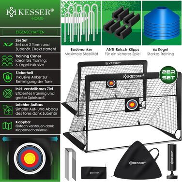 Футбольні ворота KESSER, 2 шт. Чудовий футбольний подарунок для дітей, для використання в приміщенні та на вулиці протиковзке покриття - включає аксесуари для футбольних тренувань конуси, мішень, спортивну сумку, насос для м&39яча, чорний колір