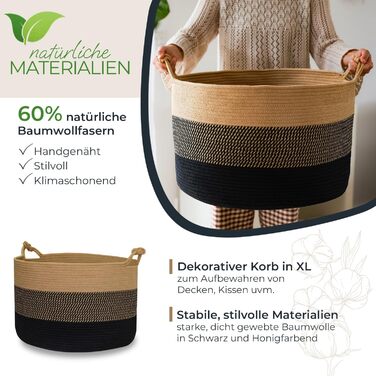 Кошик для зберігання HMF з ручками у формі щасливого вузла, великий бавовняний кошик 50 x 33 см Чорно-медовий