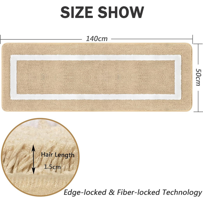 Килимок для ванної Famibay, нековзний, водопоглинаючий, килимки для ванної кімнати з мікрофібри, що миються, 50x140 см, бежевий