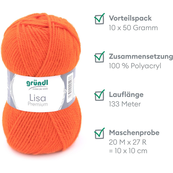 Пряжа Grndl Lisa Premium Uni Knitting & Chet Yarn (м'яка і вовняна характер, проста в догляді миється трикотажна пряжа з 100 поліакрилу, 50 г/ 133 м, розмір голки 3,5 - 4,5, 10 клубків по 50 г кожен), (помаранчевий)