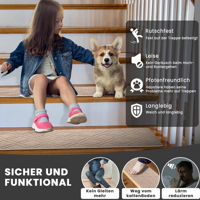 Килимки для сходів, самоклеючі килимки для сходів для приміщень, 15 шт. , протиковзкі, можна різати, багаторазові, для захисту домашніх тварин та людей похилого віку (картований візерунок - бежевий, 55x19 см) 55 см x 19 см картатий візерунок - бежевий