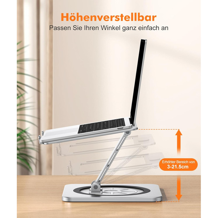 Підставка для ноутбука EIWUY з поворотним механізмом на 360, регульована, алюмінієва, ергономічна, з вентиляцією та функцією складання. Сумісна з MacBook Air/Pro (10-16)