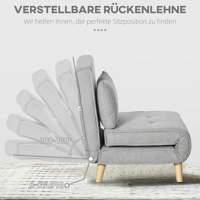 Крісло-ліжко HOMCOM 3-в-1, розкладний диван-ліжко з регульованою спинкою, подушка, гостьове ліжко з лляним виглядом, крісло-відкидний крісло, розкладне крісло для вітальні, спальні, 72 x 78 x 79 см, світло-сірий, імітація льону