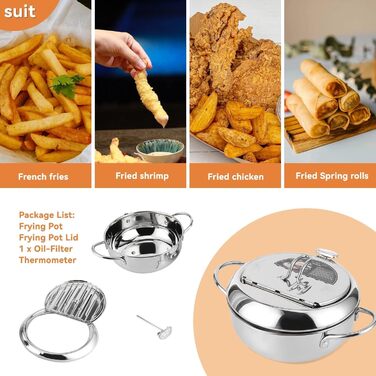 Глибокий горщик, японський горщик для смаження, японський горщик для фритюрниці темпура з термометром, маленький горщик з нержавіючої сталі з термометром, кришкою та сушаркою для картоплі фрі, креветки