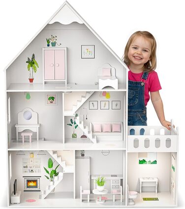 Дерев&39яний ляльковий будиночок Барбі, великий 118 см Kinderplay 3-поверховий ляльковий будиночок для дітей з меблями, світлодіодними лампами, наклейками та аксесуарами сучасний дерев&39яний ігровий будиночок, подарунок для дітей віком від 3 років, білий