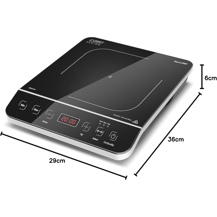Одна індукційна варильна поверхня, 2000 Вт, автоматичне визначення горщика, 10 рівнів температури, 10 рівнів потужності, таймер до 180 хв, склокерамічна поверхня, температура приблизно 60 240 C Одинарна індукція Чорний, Сріблястий, 2000 -