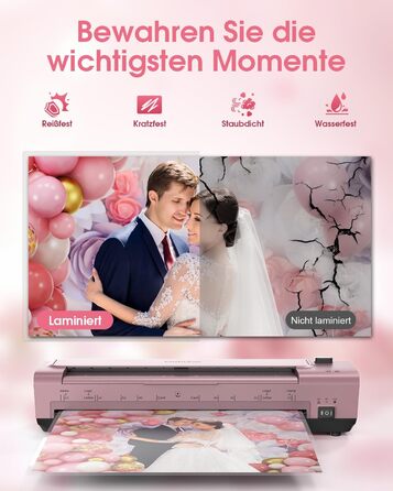 Дюймовий ламінатор A3/A4 з 20 пакетами для ламінування, гарячий та холодний ламінатор, ABS-пластик із захистом від застрягання, 10-в-1 ламінатор з різаком, тримером та закруглювачем кутів для офісу, школи та дому (шовково-червоно-сріблястий), 13-