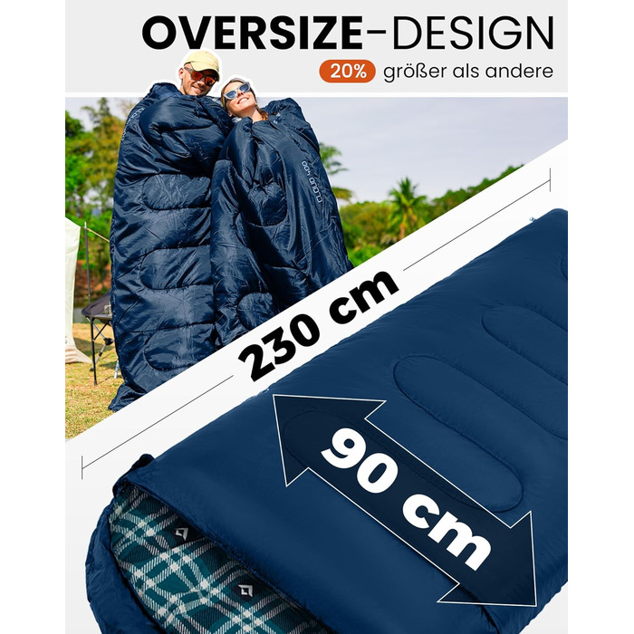 Спальний мішок KingCamp для дорослих, зимовий, фланелевий, компактний, 3-4 сезони, ковдра для кемпінгу, подорожей, наметів, походів, на вулиці, в приміщенні, від 4C до -15C/230 x 90 см Thicker Pro Navy-L-Zip
