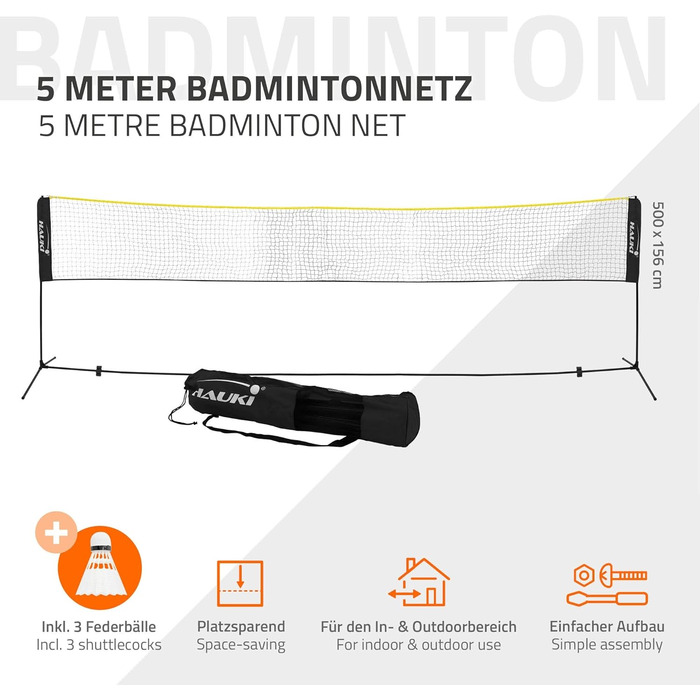 Сітка для бадмінтону Hauki, тенісна сітка 400 см/500 см, чорна/синя, висота 156 см, комплект сітки для воланів, 3 волани, сумка для перенесення, міцна залізна рама, портативна волейбольна сітка, тренувальна сітка для приміщень та вулиці, чорна, 500 см