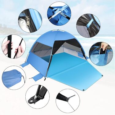 Великий, легкозбірний пляжний намет, із захистом від ультрафіолету, з подовженою підлогою та 3 сітчастими вікнами, що згортаються, для 3-4 осіб, портативний тіньовий намет для активного відпочинку, кемпінгу, риболовлі (синій) Синій 3 особи