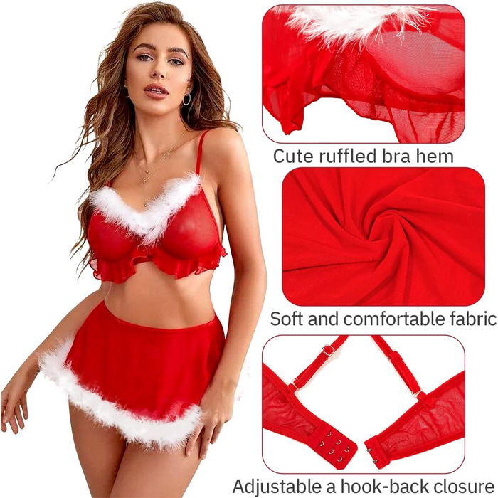 Жіночий різдвяний комплект еротичної білизни Sohimary, з міні‑спідницею та стрінгами, червоний