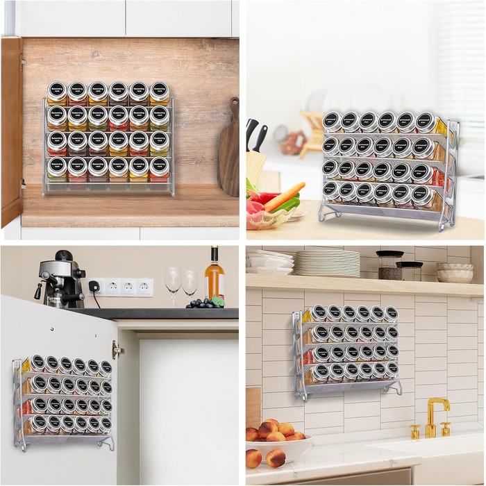 Стійка для спецій, металева кухонна полиця, вміщує багато банок для спецій, органайзер для спецій для кухонної шафи, 24 пластикові банки для спецій, 80 етикеток, лійка та крейдяний маркер (сріблясто-сірий), 4T