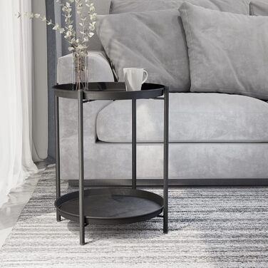 Круглий журнальний столик Grand Patio, 2 яруси, для вітальні, спальні, саду, диван-столик, тумбочка, знімний піднос, легке складання, металевий 45x45x53 см (чорний)