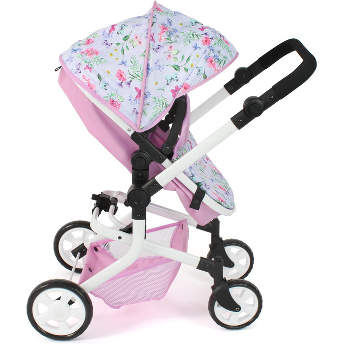 Лялькова коляска Mika, комбінована лялькова коляска 2в1 для дітей від 4 до 8 років, коляска для ляльок до 52 см, Квіти, рожева, 20