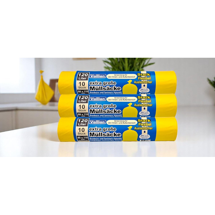 Надзвичайно великі жовті сміттєві пакети 120 літрів - Розміри 80 x 110 см - 10 пакетів у рулоні - стійкі до розривів, міцні та гнучкі - Упаковка з 3 рулонів (30 сміттєвих пакетів)