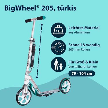 Самокат HUDORA BigWheel 205 - Міцний алюмінієвий самокат - Регульований по висоті та складаний міський самокат з підставкою - Спор