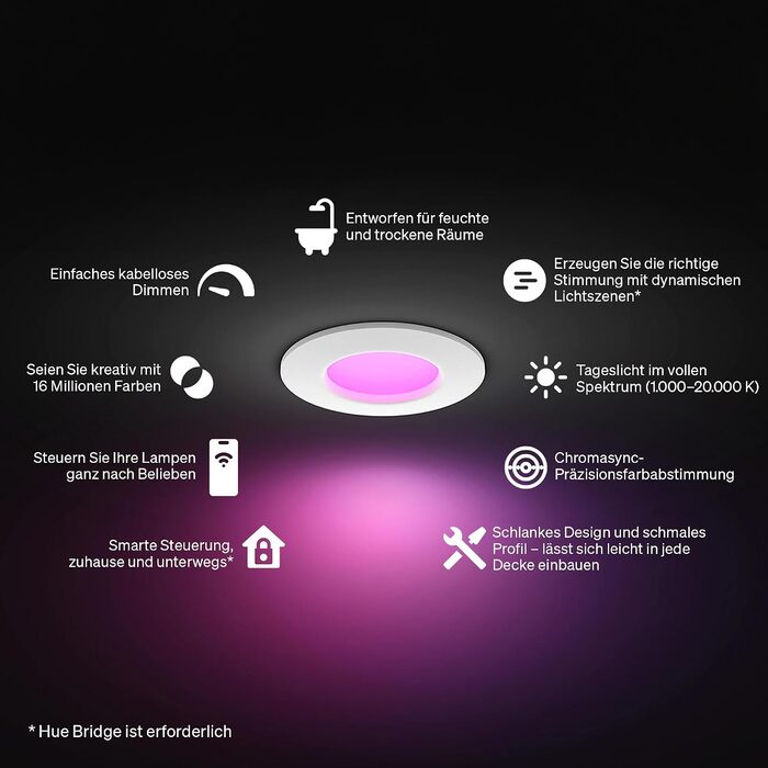 Набір вбудованих світильників Philips Hue Slim Downlight (3 шт.), LED, 1000 лм, 90 мм, тонкий дизайн, повний спектр денного світла 100020 000 K, плавне димування, точна передача кольорів, Smart Lighting, білий, нове покоління розміру S
