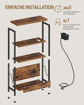 Вузький бічний столик Hzuaneri, 4-ярусний бічний столик для дивана з тримачем для журналів та зарядними розетками, підходить як тумбочка для вітальні або кабінету, вінтажний коричнево-чорний ET40001BEU