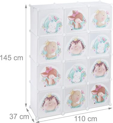 Дитячий стелаж Relaxdays, 2 вішалки для одягу, дверцята з тваринками, ВхШхГ 145x110x37 см, дитяча шафа зроби сам, білий