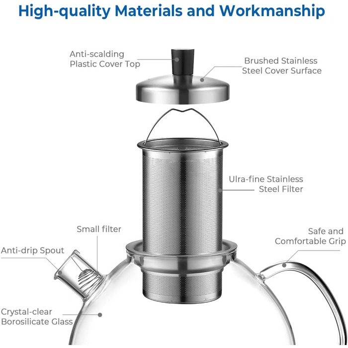 Скляний чайник ECOOE з ситечком для чаю 1500 мл, скляний чайник, прозорий, термостійкий, зі знімним ситечком для чаю з нержавіючої