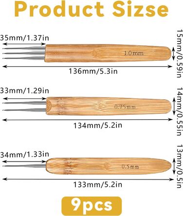 Гачок для вязання, ергономічний набір гачків для вязання голкою з бамбуковими ручками Вязання гачком з трьома різними головками для волосся Гачок для вязання гачком своїми руками 0,5/0,75/1 мм, 9 Pieces Dredlock