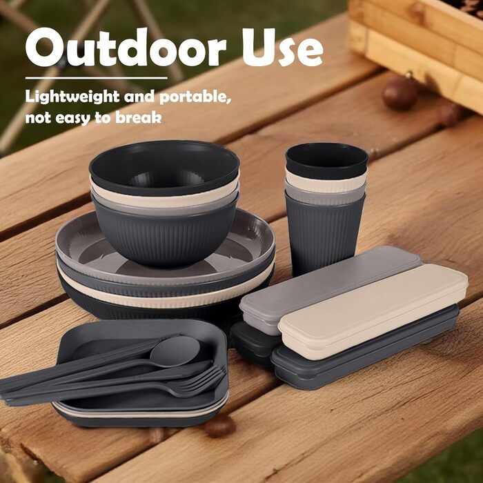 Небиткий набір посуду на 4 особи з сумкою з тканини, багаторазовий посуд для кемпінгу, пластиковий посуд для пікніка, барбекю, легкий посуд для подачі, тарілки, миски, столові прибори в комплекті