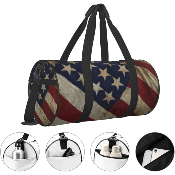 Спортивна сумка для подорожей, малюнок американський прапор, принт з ефектом нічного сяйва, чорний колір, універсальний розмір, дорожня сумка