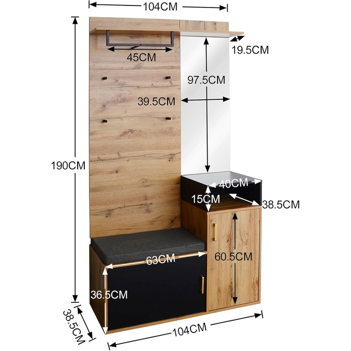 Набір вішалок AXUTL з 4 гачками для одягу, дзеркалом, тумбою для взуття, настінною вішалкою, верхньою полицею, лавкою для вішалки