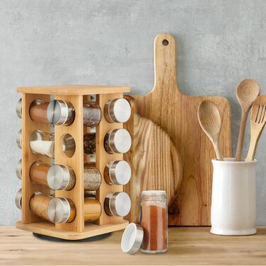 Карусель для спецій Relaxdays, 16 баночок для спецій, підставка для спецій, що обертається на 360, ВШ 27 x 17 x 17 см, підставка для спецій з бамбука, натуральний колір