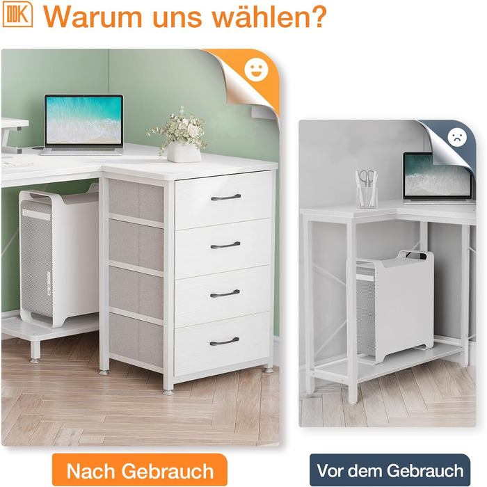 Кутовий стіл ODK білий, стіл L-подібної форми з 4 шухлядами, 140x80x84.7 см, стіл L-подібної форми двосторонній з портом для заряд