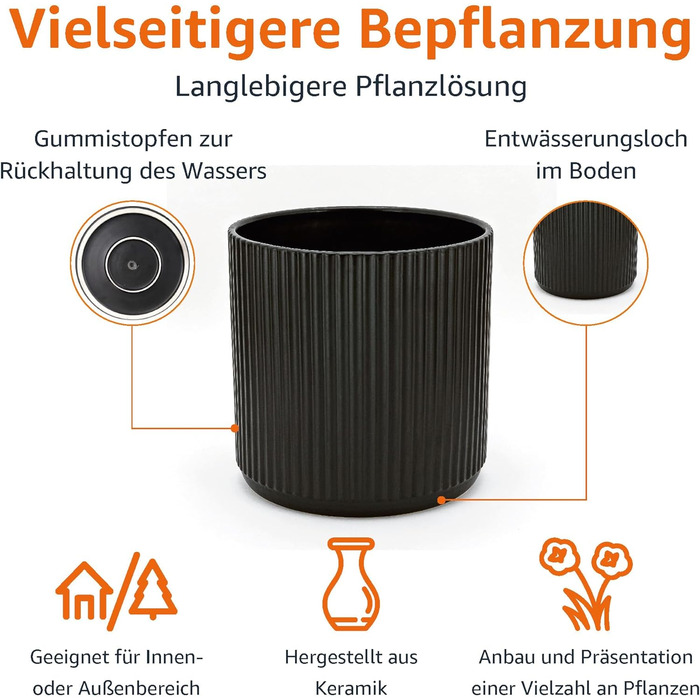 Круглий керамічний горщик для рослин Storeo Basics з ребристим покриттям, 20,3 см, чорний, одинарний (20,3 см) чорний