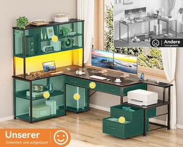 Кутовий письмовий стіл Coleshome з 5 шухлядами та 4 полицями, 200110 см, L-подібний стіл зі світлодіодним освітленням, розетками та USB-портами, великий стіл для домашнього офісу, чорний 200110 см