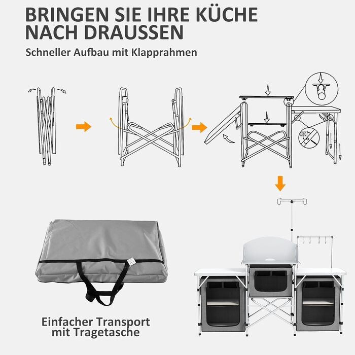 Кухня для кемпінгу Outsunny, складна шафа для кемпінгу з алюмінієвою рамою, підставка для світла, кухня для кемпінгу з відділеннями для зберігання, робоча поверхня, вітрове скло, кухня для подорожей, кухонна шафа для кемпінгу та подорожей на відкритому по