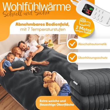 Плед з підігрівом KESSER Plush 180x130 см сірого кольору, сертифікований TV SD GS Електричний ковдр з підігрівом, таймером та автоматичним вимкненням Затишний плед 7 температурних режимів Можна прати до 40C Цифровий дисплей 180 x 130 см антрацитового коль