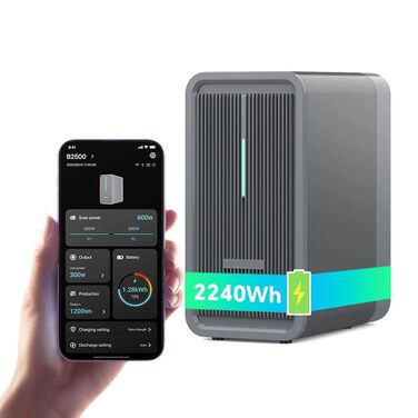 Балконна електростанція Marstek B2500 з накопичувачем 0 ПДВ, сонячний акумулятор LiFePO4 ємністю 2240 Втгод, 2 MPPT, максимальна вхідна потужність сонячних панелей 1600 Вт та вихідна потужність постійного струму 800 Вт, керування через додаток, IP65, Plug