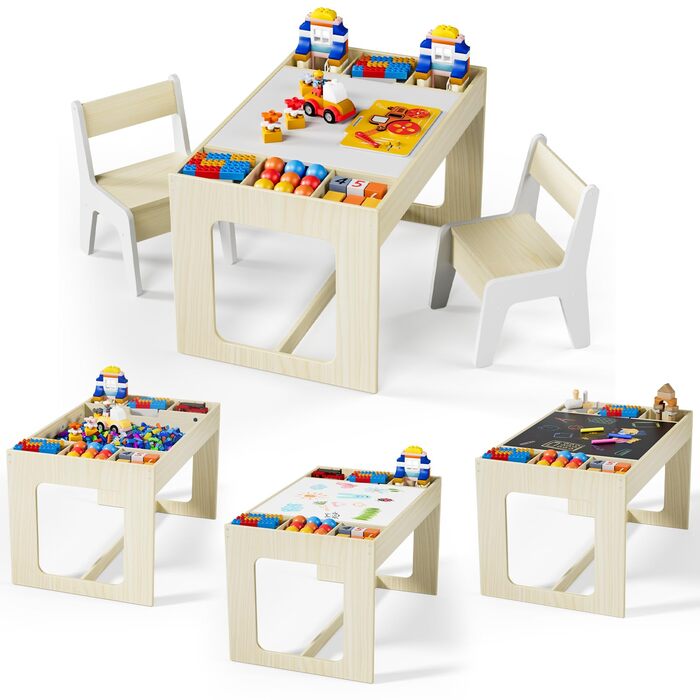 Дитячий комплект сидіння MAMIZO з місцем для зберігання, дитячий стіл з 2 стільцями, комплект дитячого столу та стільців з двосторонньою стільницею, дитячий стіл для дитячих кімнат та дитячих садків, вік 3, колір дерева з білим