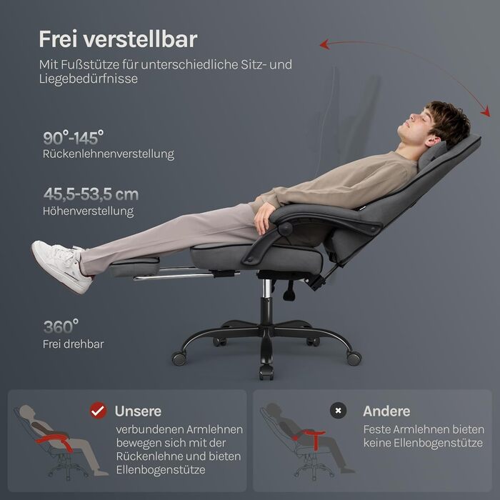 Ігрове крісло WOLTU, тканина зі зручною пружинною подушкою, прохолодне влітку, ігрове крісло, ергономічне з підголівником, поперековою подушкою, підставкою для ніг, технічна тканина, сірий