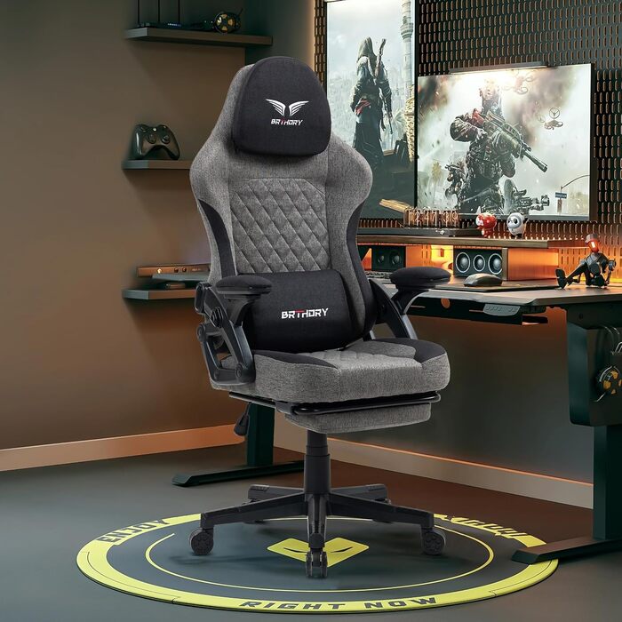 Ігрове крісло, ергономічне гоночне ігрове крісло з регульованим підголівником, робоче крісло з тканинною оббивкою, пружинною подушкою сидіння, з&39єднувальними підлокітниками та підставкою для ніг, функцією гойдання, новим підлокітником 135 - чорне