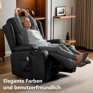 Крісло-гойдалка з функцією відкидання спинки, масажне крісло з функцією підігріву, крісло для телевізора з поворотом на 360 для вітальні, крісло-гойдалка з подушками/бічними кишенями/підстаканником (чорне)