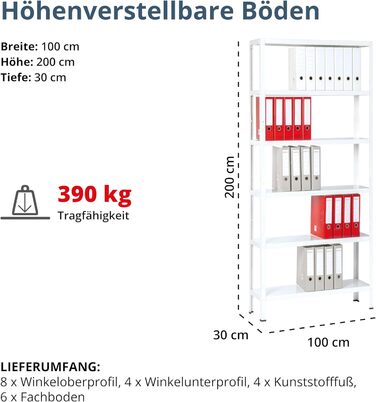 Підключаємий офісний стелаж SCHULTE Shelf World з 6 полицями PowerMAX, вантажопідйомність 65 кг, 200x100x30 см (ВxШxГ), білий, стелаж для зберігання, стелаж для майстерні, стелаж для підвалу, стелаж для гаража, металевий стелаж