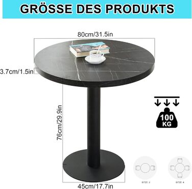 Круглий обідній стіл Mingone, маленький кухонний стіл з мармуровою стільницею та металевими ніжками, 80x80 см, чорний