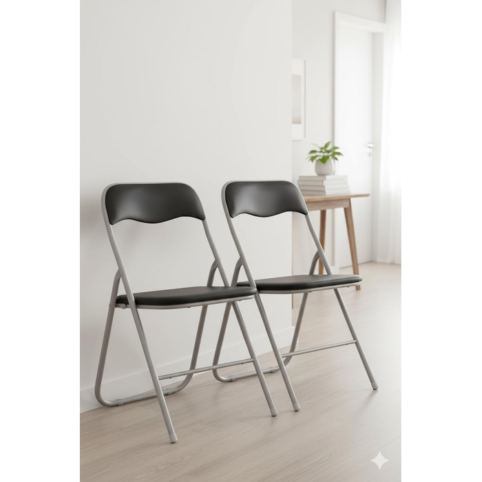 Складані стільці, комплект з 2 шт. , М&39які складні стільці з металевим каркасом та штучною шкірою, компактні, вантажопідйомність до 100 кг, ідеально підходять як кухонні та садові стільці, сріблясто-чорні