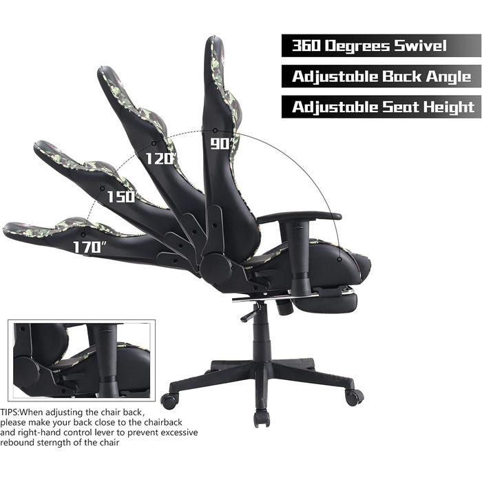 Ігрове крісло ALEAVIC з підставкою для ніг, гоночне крісло, ергономічне офісне крісло, ігрове крісло для ПК, висока спинка. (камуфляжний колір)