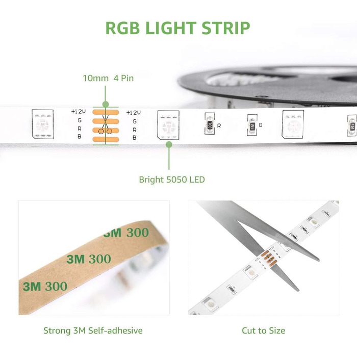 Світлодіодна стрічка Lepro RGB самоклеюча 5050 SMD, світлодіодна стрічка 24 В постійного струму, світлодіодна стрічка IP20, світлодіодна стрічка з регулюванням яскравості з блоком живлення Контролер дистанційного керування для дому, вечірки, кухні (20M)