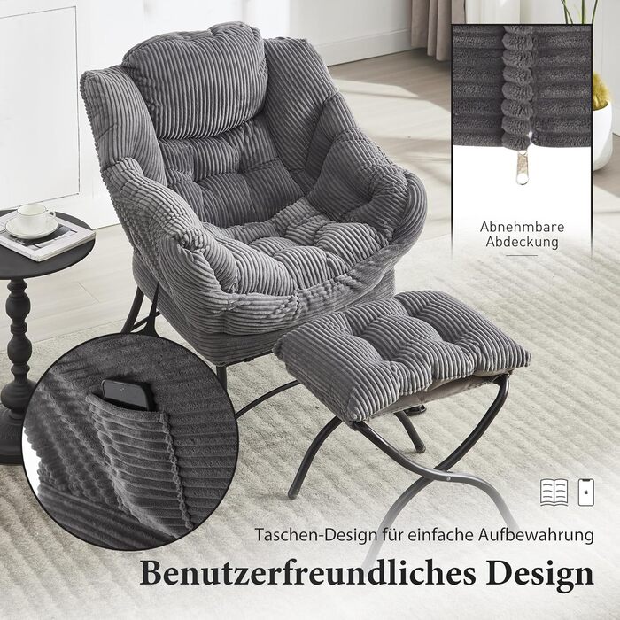 Крісло-гойдалка з оттоманкою, реклайнер з підніжкою крісло для спальні для дорослих, сучасне декоративне крісло для відпочинку з підлокітниками, ергономічна підставка для ніг, сірий колір